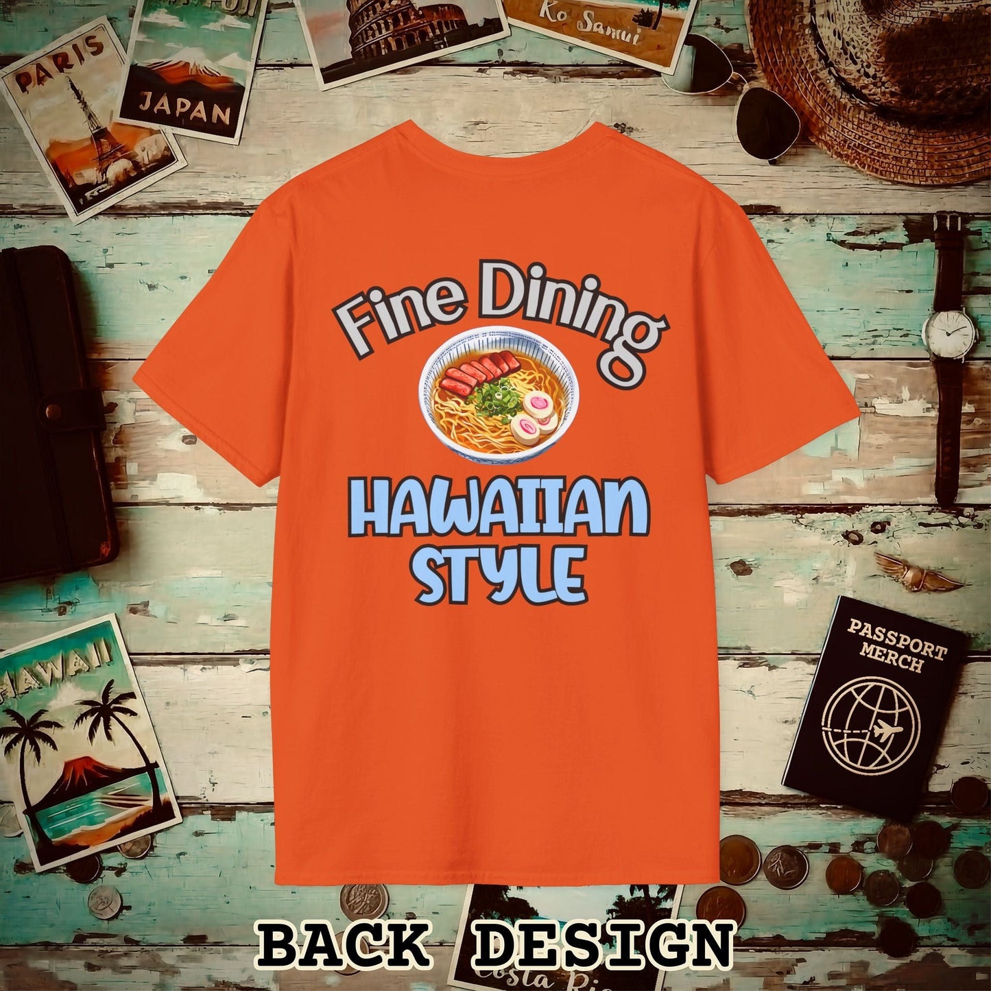 Saimin Fine Dining Hawaiian Style, Back Print T-Shirt Orange / S