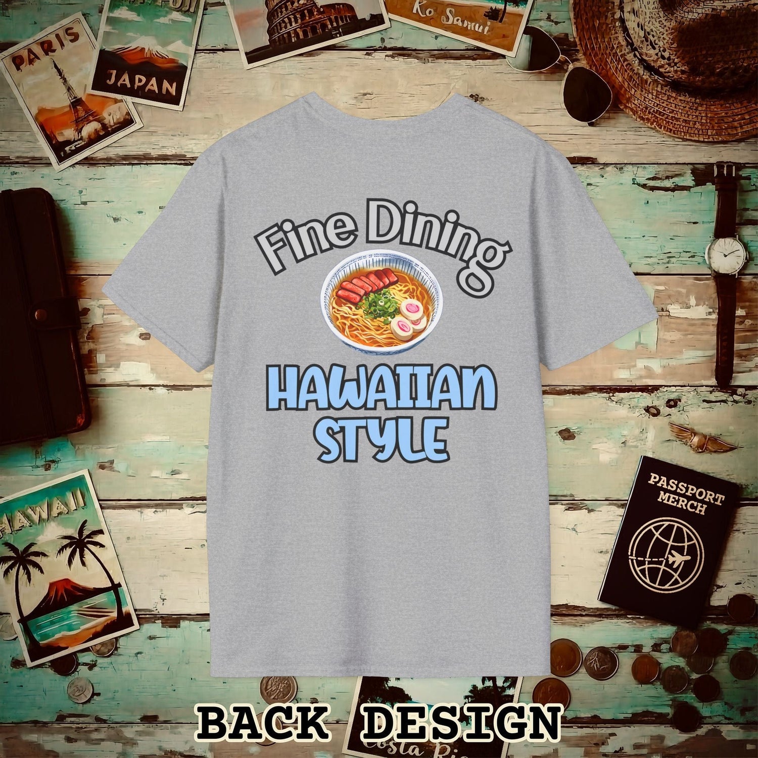 Saimin Fine Dining Hawaiian Style, Back Print T-Shirt Sport Grey / S