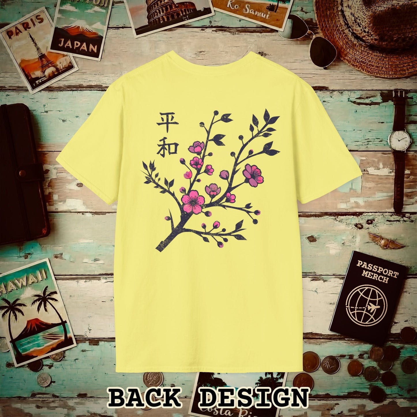 Sakura Serenity, Japan Back Print T-Shirt Cornsilk / S