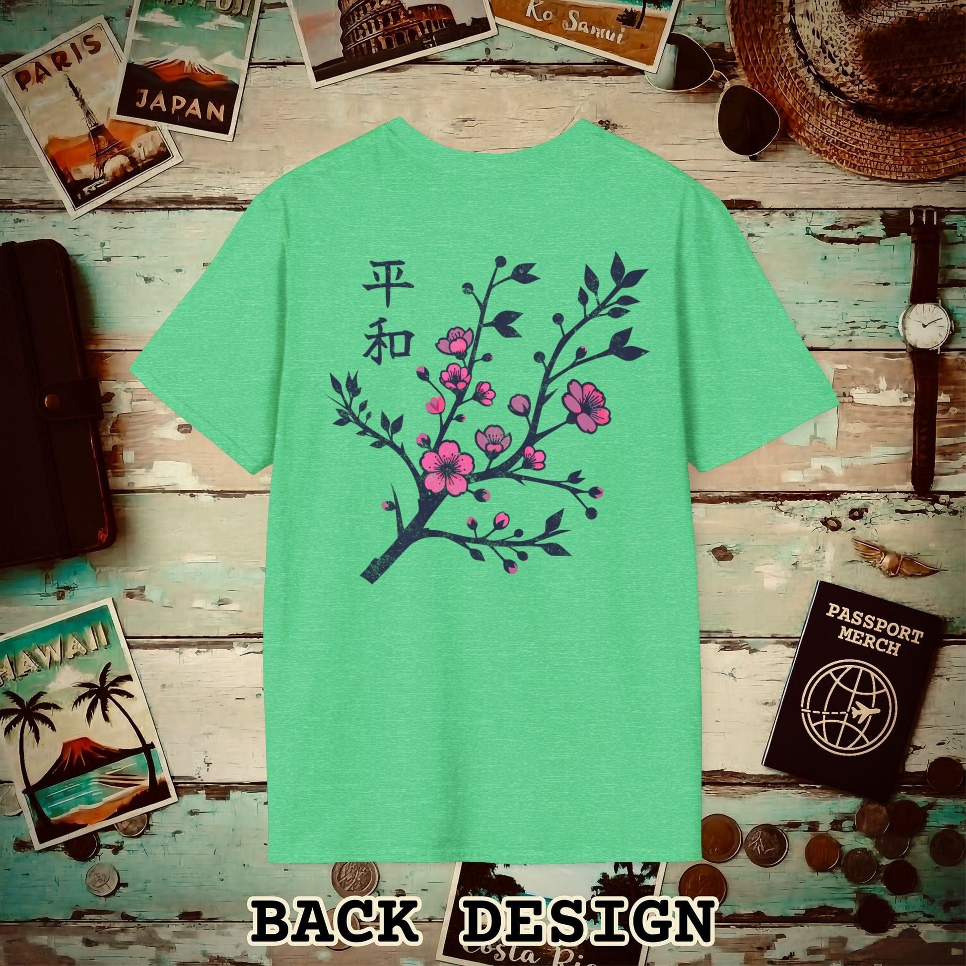 Sakura Serenity, Japan Back Print T-Shirt Heather Irish Green / S