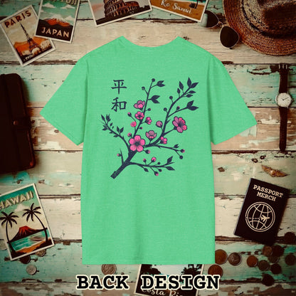 Sakura Serenity, Japan Back Print T-Shirt Heather Irish Green / S