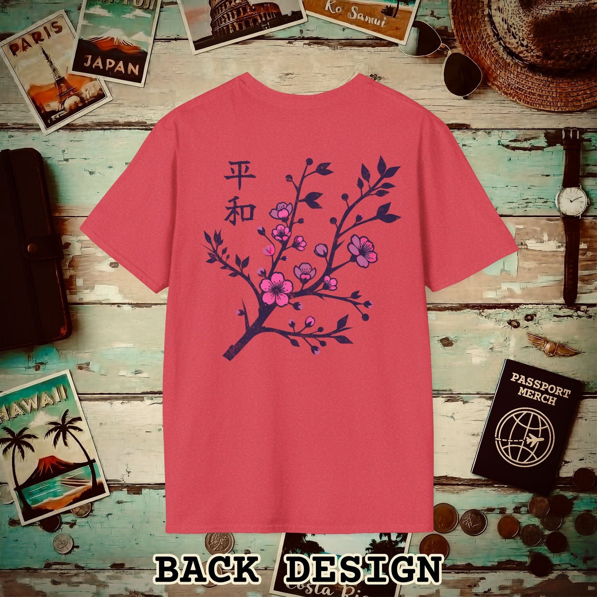 Sakura Serenity, Japan Back Print T-Shirt Heather Red / S