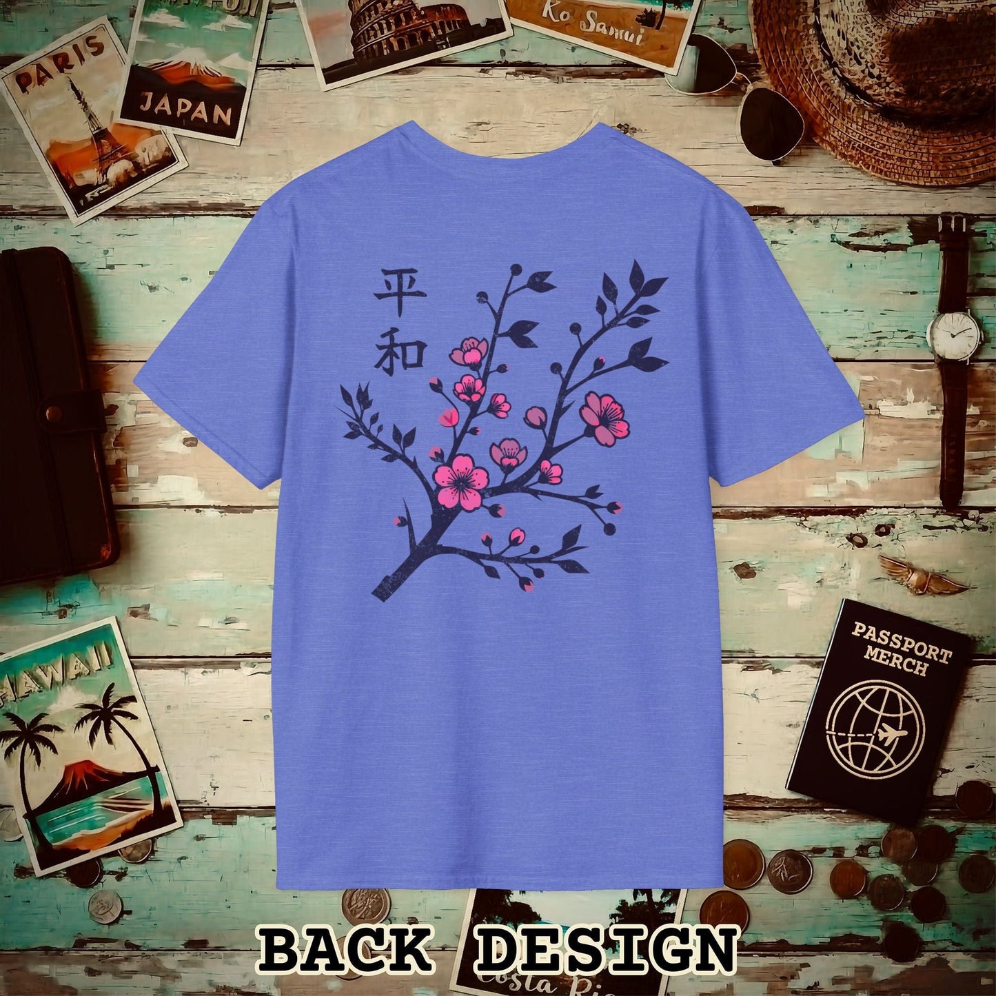 Sakura Serenity, Japan Back Print T-Shirt Heather Royal / S