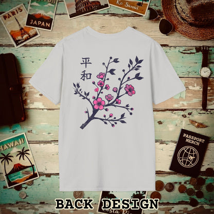 Sakura Serenity, Japan Back Print T-Shirt Ice Grey / S