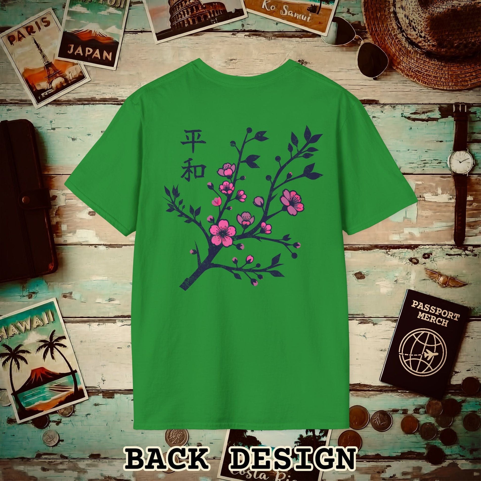 Sakura Serenity, Japan Back Print T-Shirt Irish Green / S