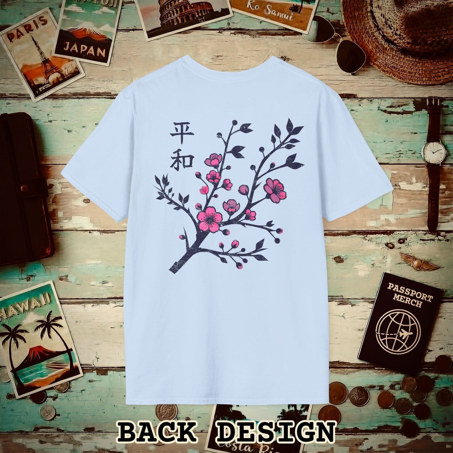 Sakura Serenity, Japan Back Print T-Shirt Light Blue / S