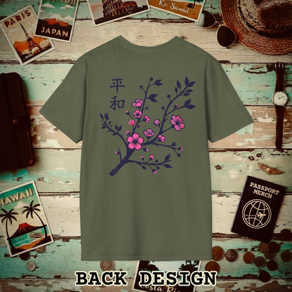 Sakura Serenity, Japan Back Print T-Shirt Military Green / S