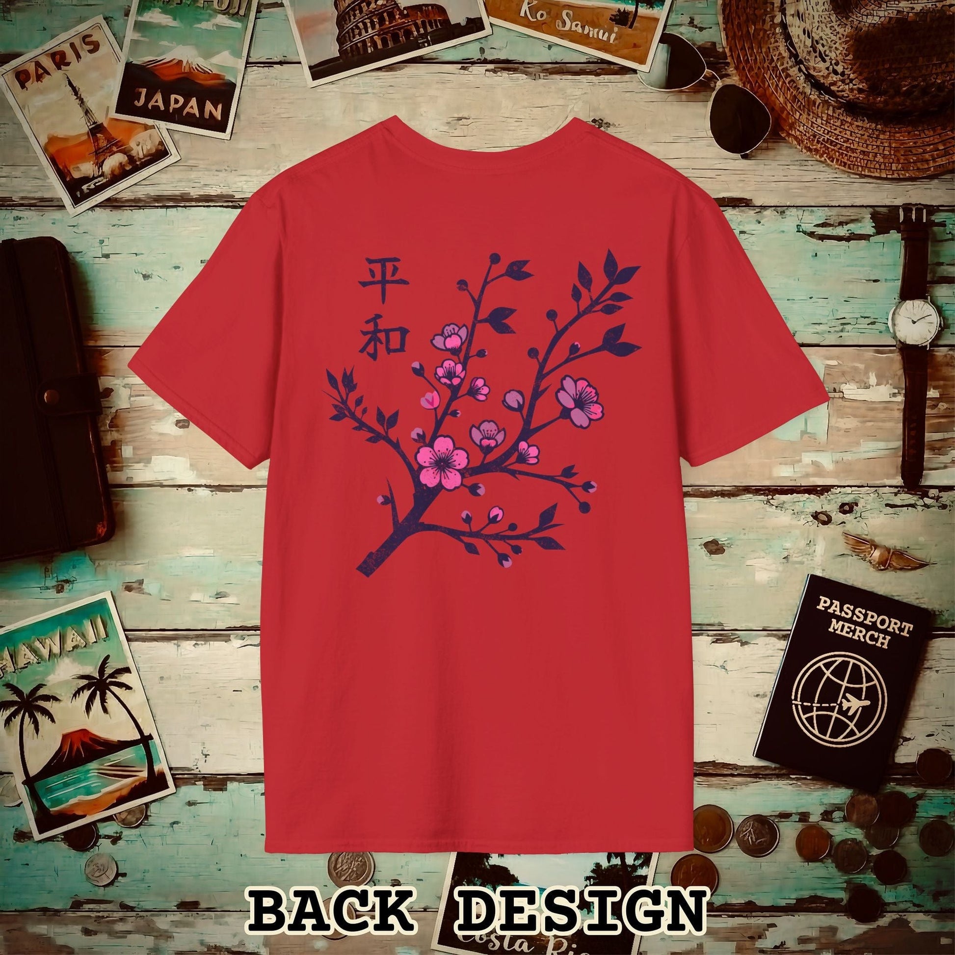 Sakura Serenity, Japan Back Print T-Shirt Red / S