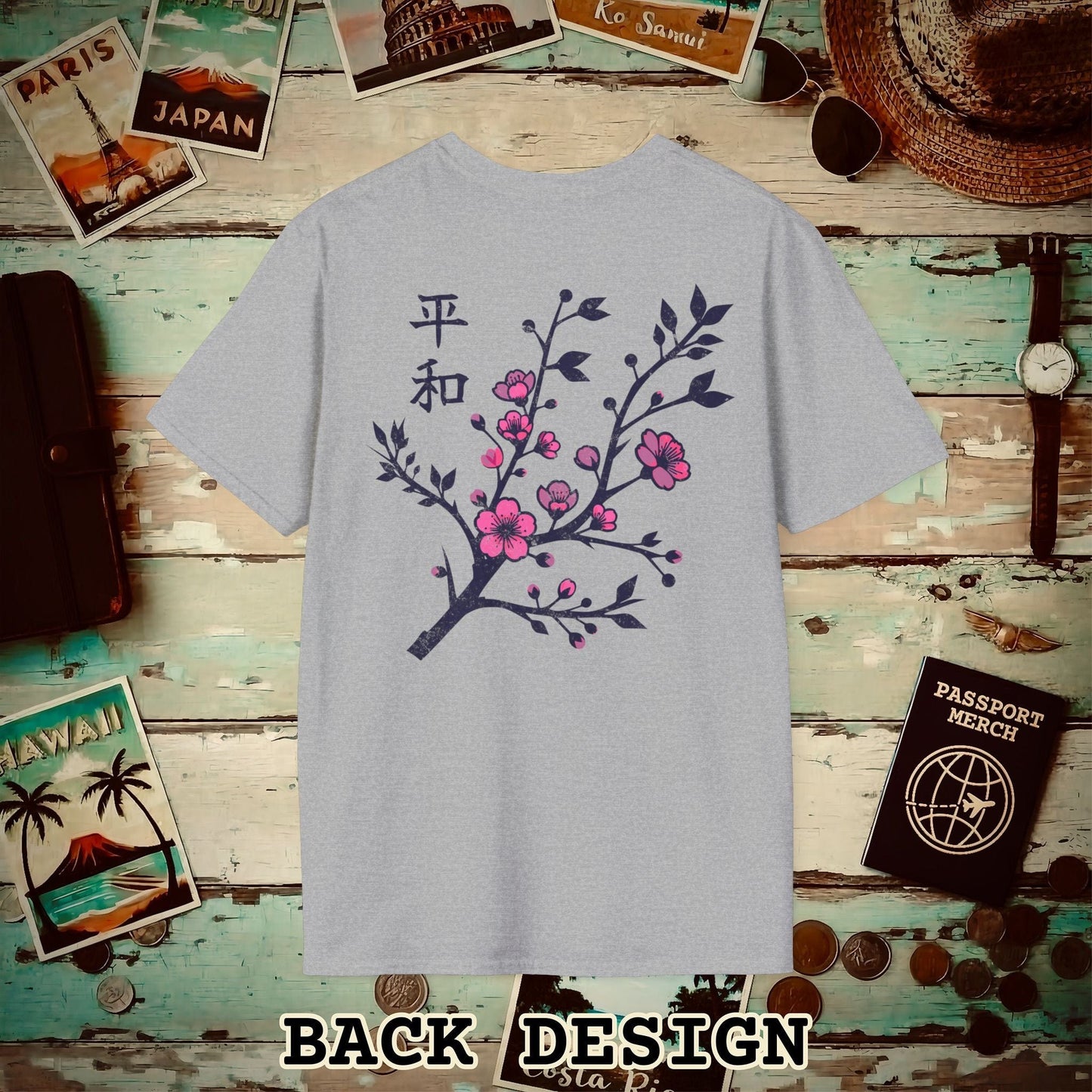 Sakura Serenity, Japan Back Print T-Shirt Sport Grey / S