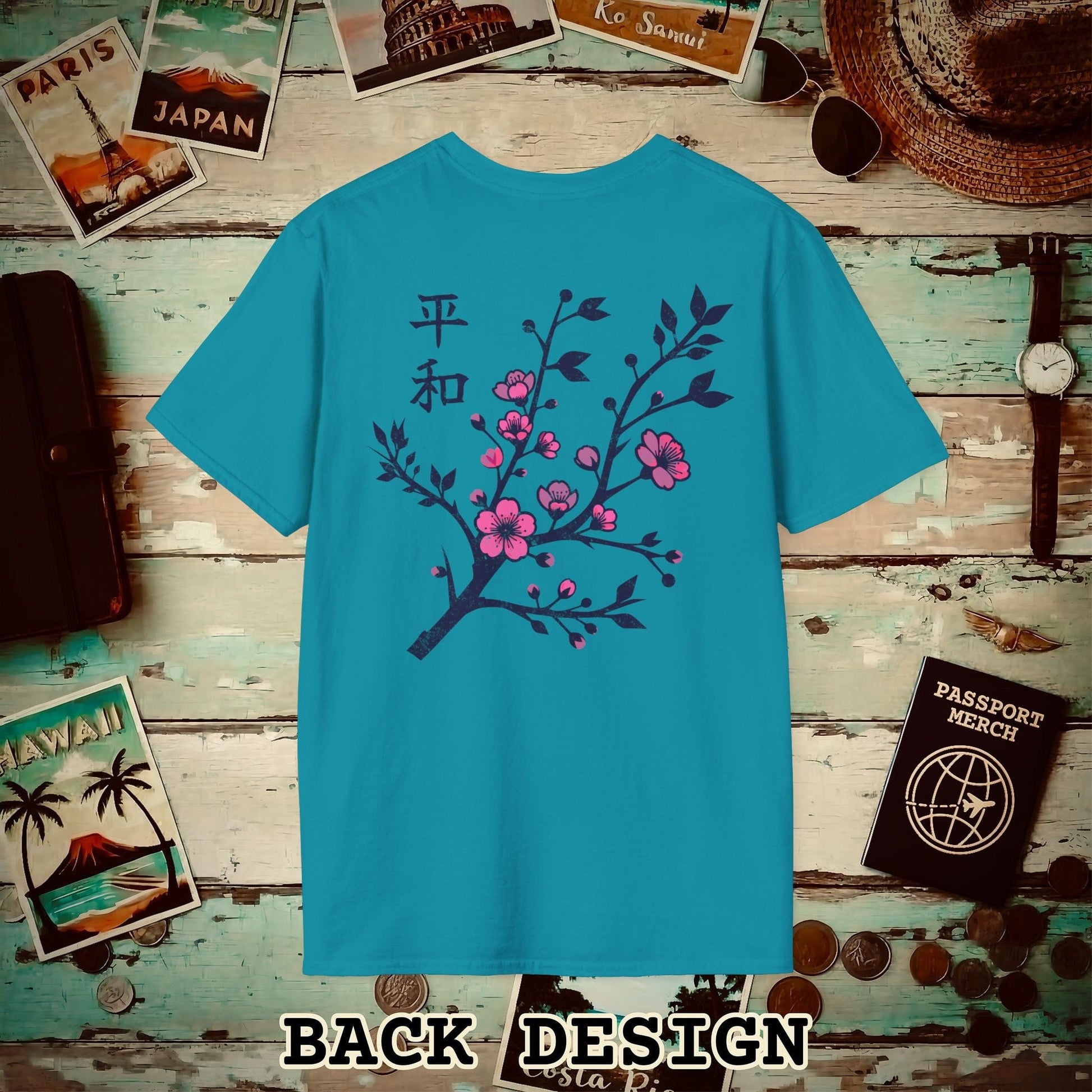 Sakura Serenity, Japan Back Print T-Shirt Tropical Blue / S