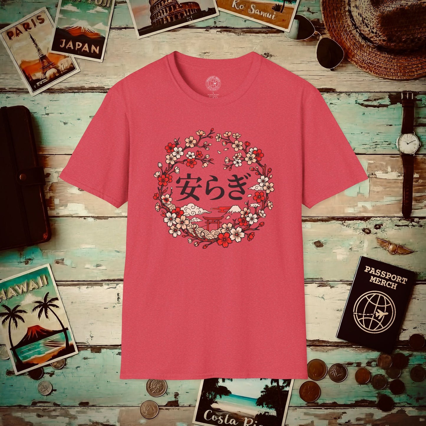 Sakura Yasuragi (Tranquility) Crest, Japan T-Shirt Heather Red / S