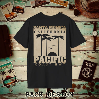 Santa Monica California PCH, Back Print T-Shirt Black / S