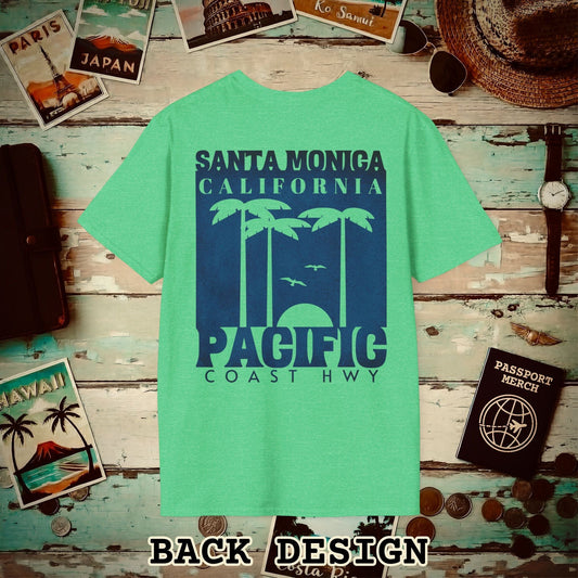Santa Monica California PCH, Back Print T-Shirt Heather Irish Green / S