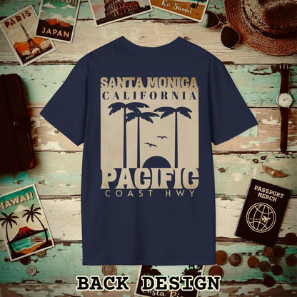 Santa Monica California PCH, Back Print T-Shirt Navy / S