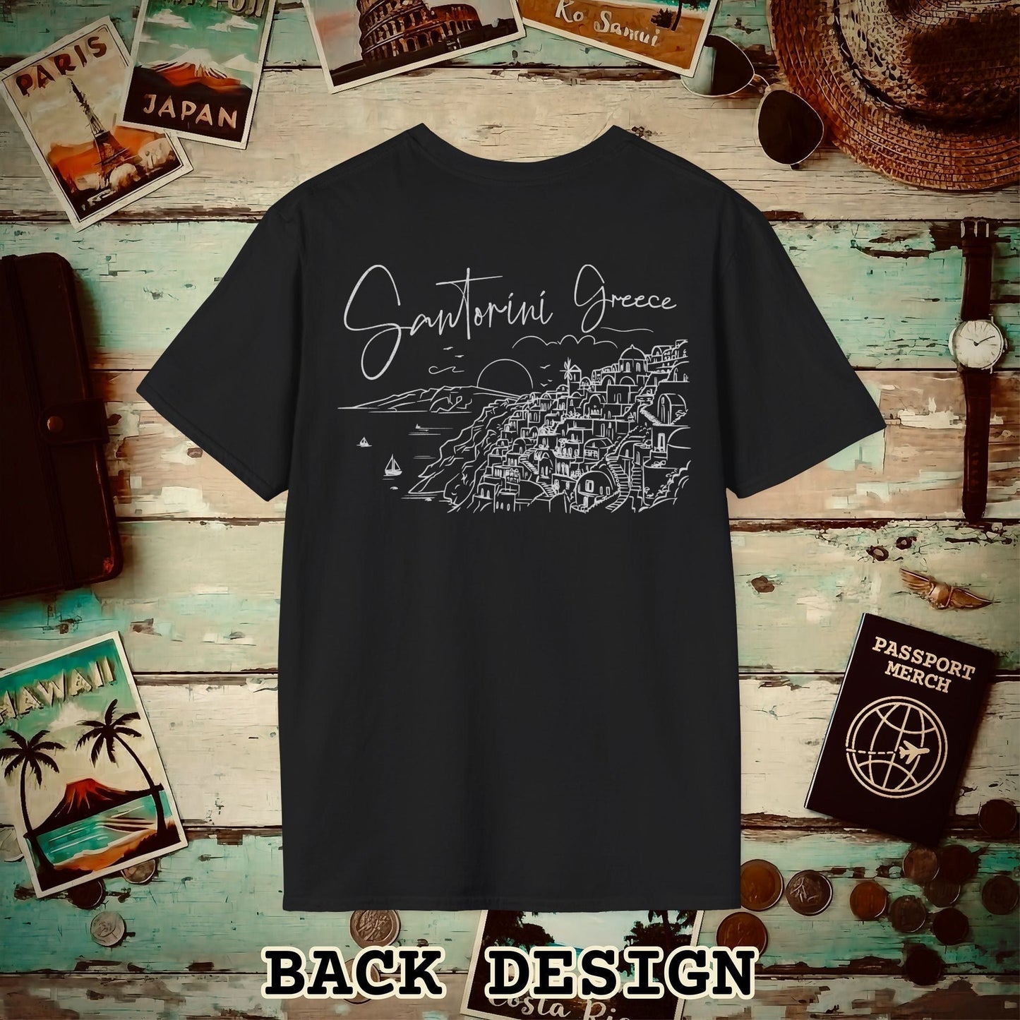 Santorini Dreaming Greece, Back Print T-Shirt Black / S