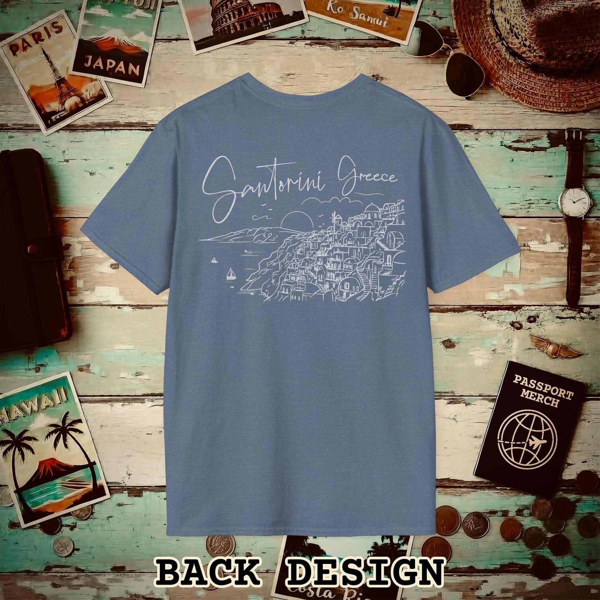 Santorini Dreaming Greece, Back Print T-Shirt Heather Indigo / S