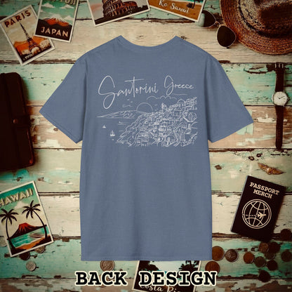 Santorini Dreaming Greece, Back Print T-Shirt Heather Indigo / S