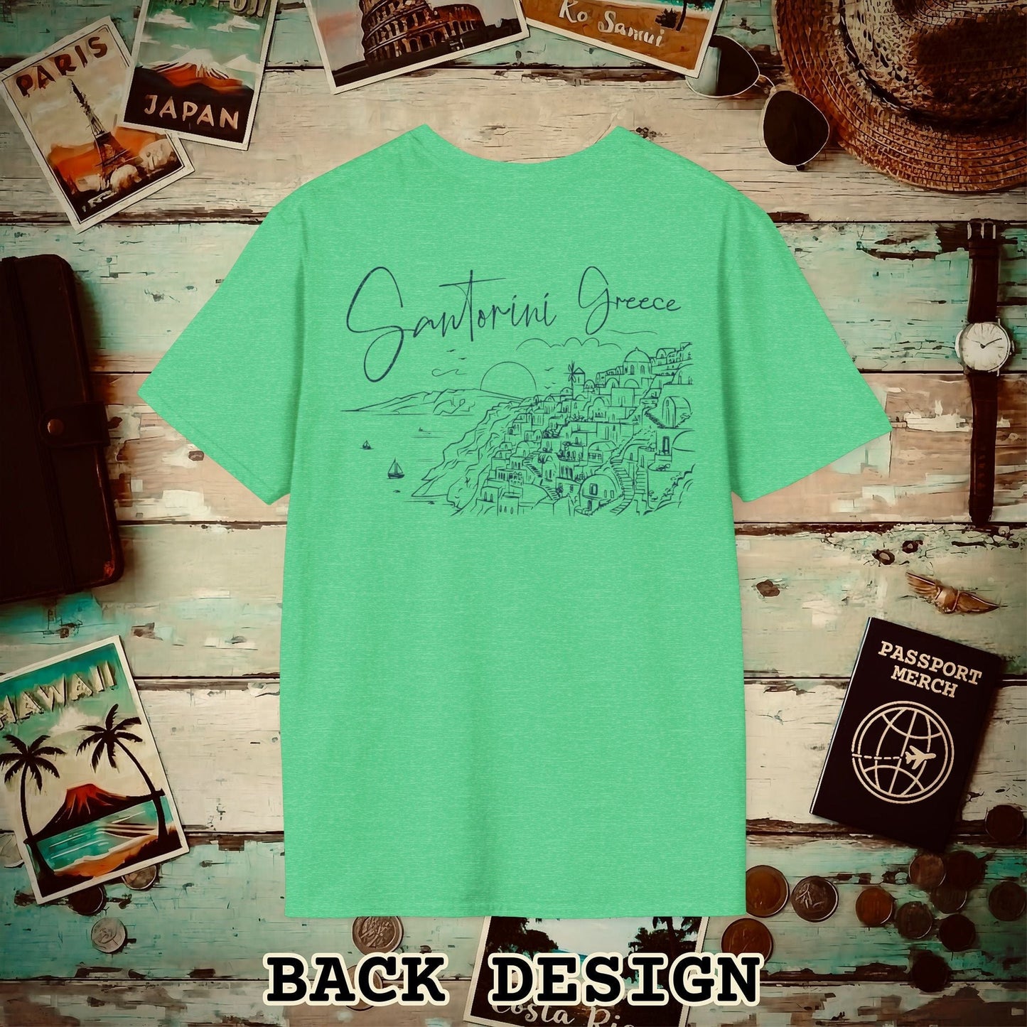 Santorini Dreaming Greece, Back Print T-Shirt Heather Irish Green / S