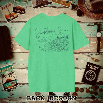 Santorini Dreaming Greece, Back Print T-Shirt Heather Irish Green / S