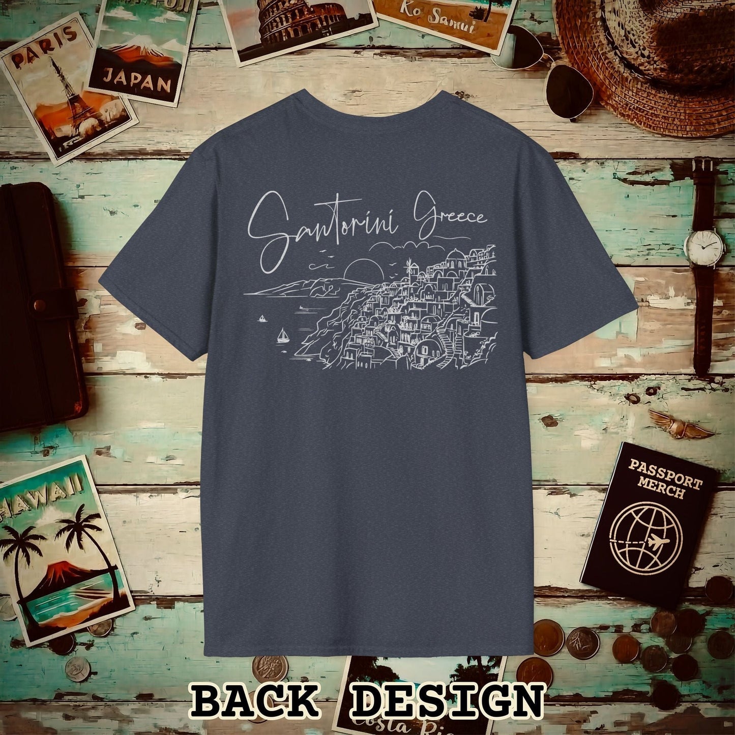 Santorini Dreaming Greece, Back Print T-Shirt Heather Navy / S