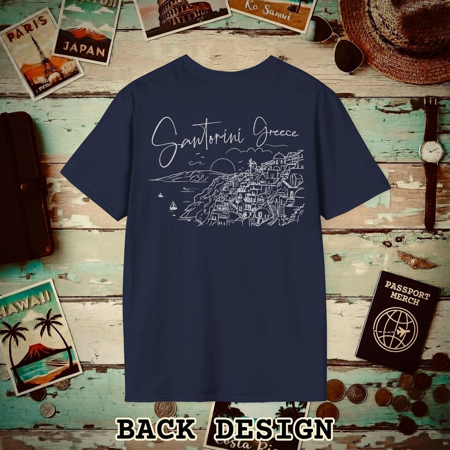 Santorini Dreaming Greece, Back Print T-Shirt Navy / S