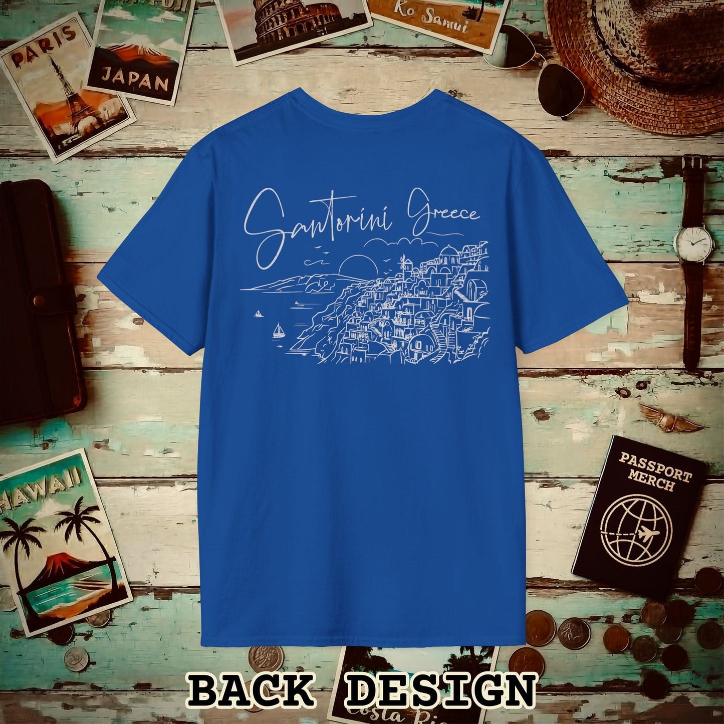 Santorini Dreaming Greece, Back Print T-Shirt Royal / S
