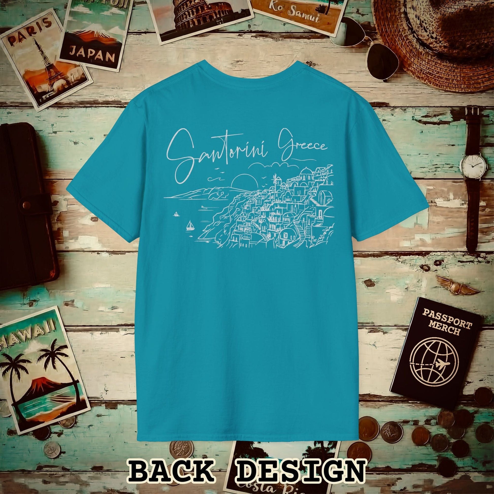 Santorini Dreaming Greece, Back Print T-Shirt Tropical Blue / S