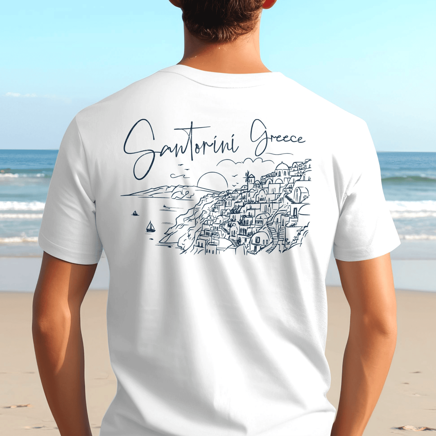 Santorini Dreaming Greece, Back Print T-Shirt White / S