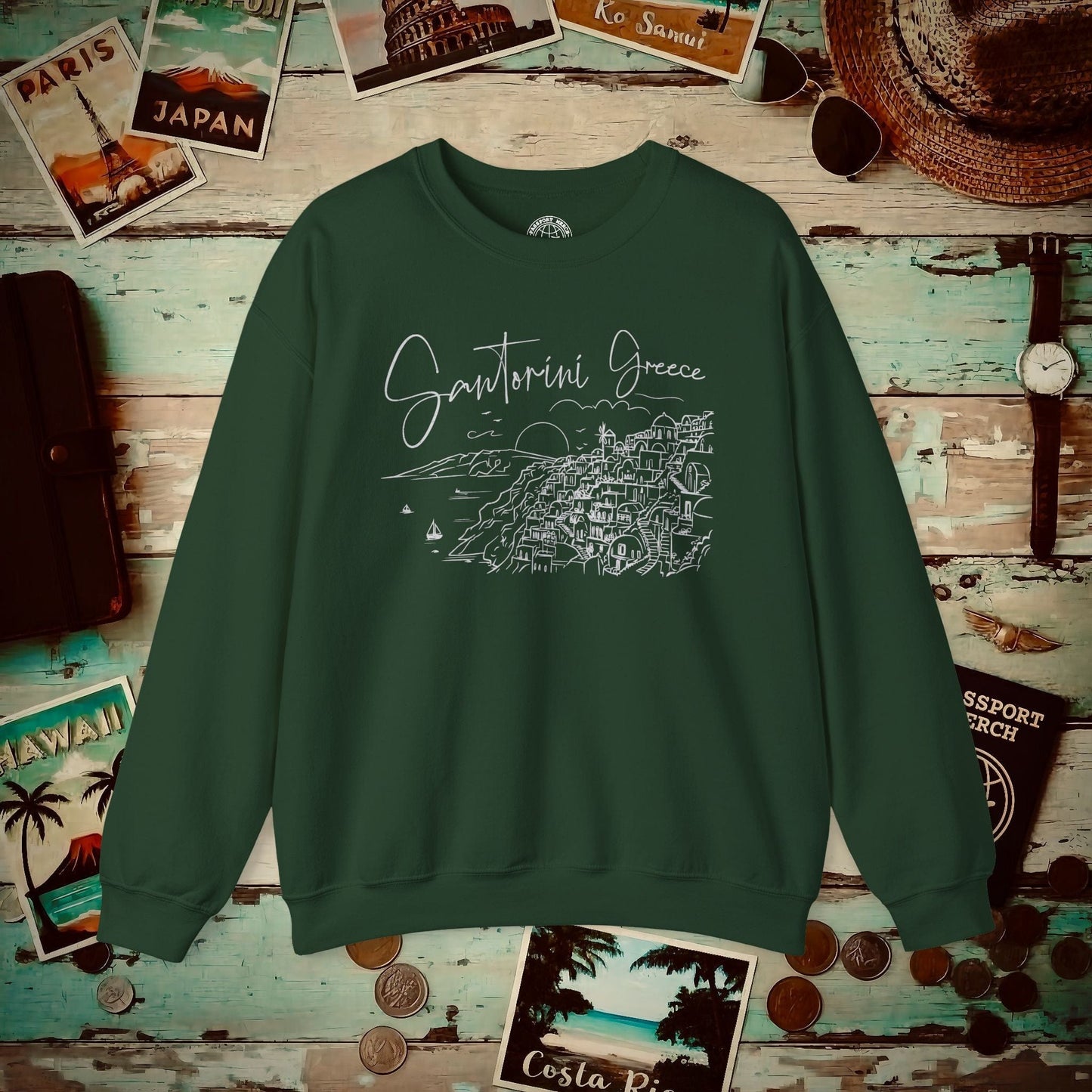 Santorini Dreaming Greece Crewneck Forest Green / S