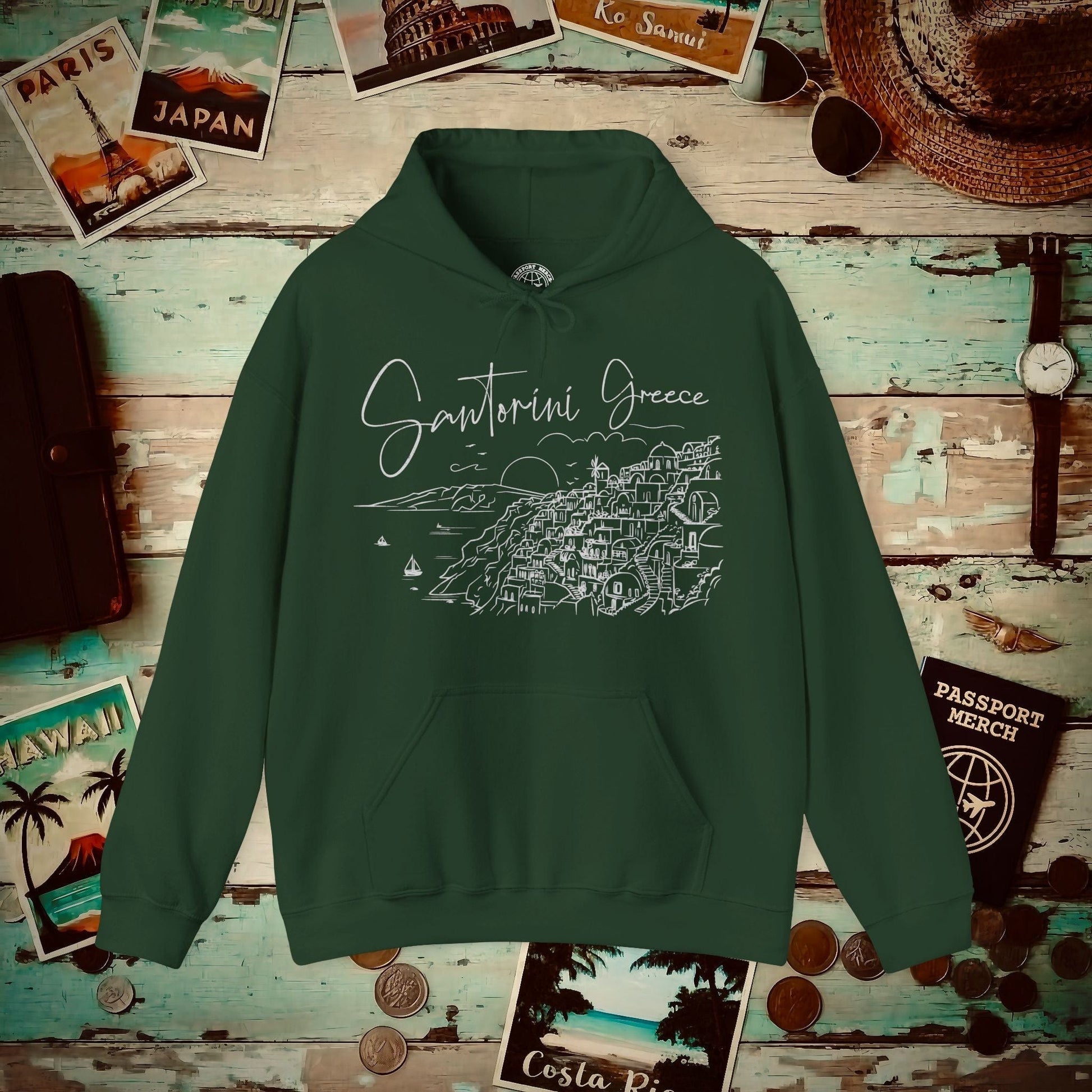 Santorini Dreaming Greece Hoodie Forest Green / S