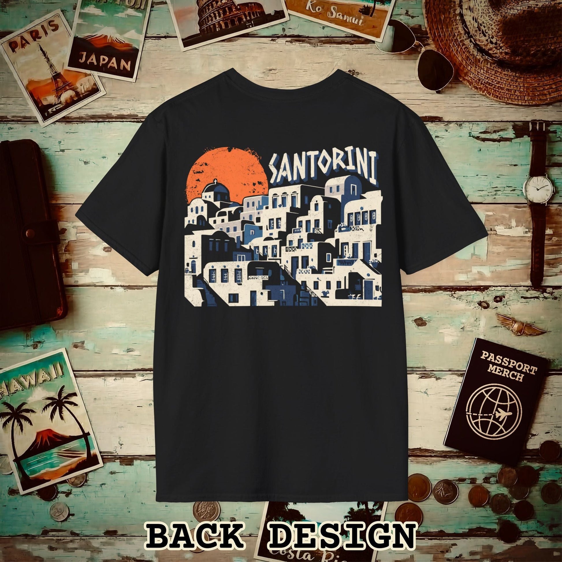 Santorini Shadows, Greece Back Print T-Shirt Black / S