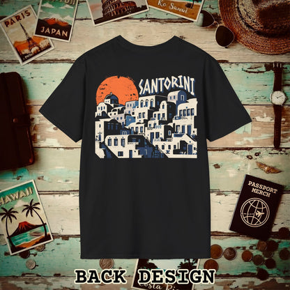 Santorini Shadows, Greece Back Print T-Shirt Black / S