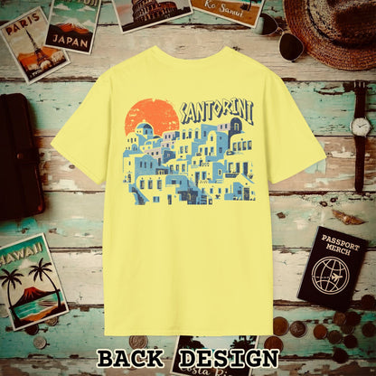 Santorini Shadows, Greece Back Print T-Shirt Cornsilk / S