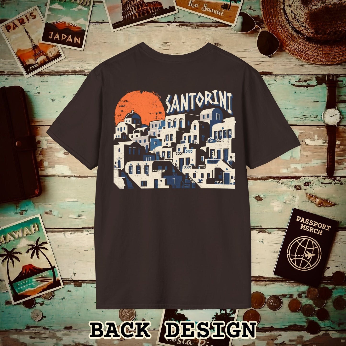 Santorini Shadows, Greece Back Print T-Shirt Dark Chocolate / S