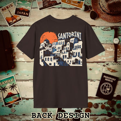Santorini Shadows, Greece Back Print T-Shirt Dark Chocolate / S