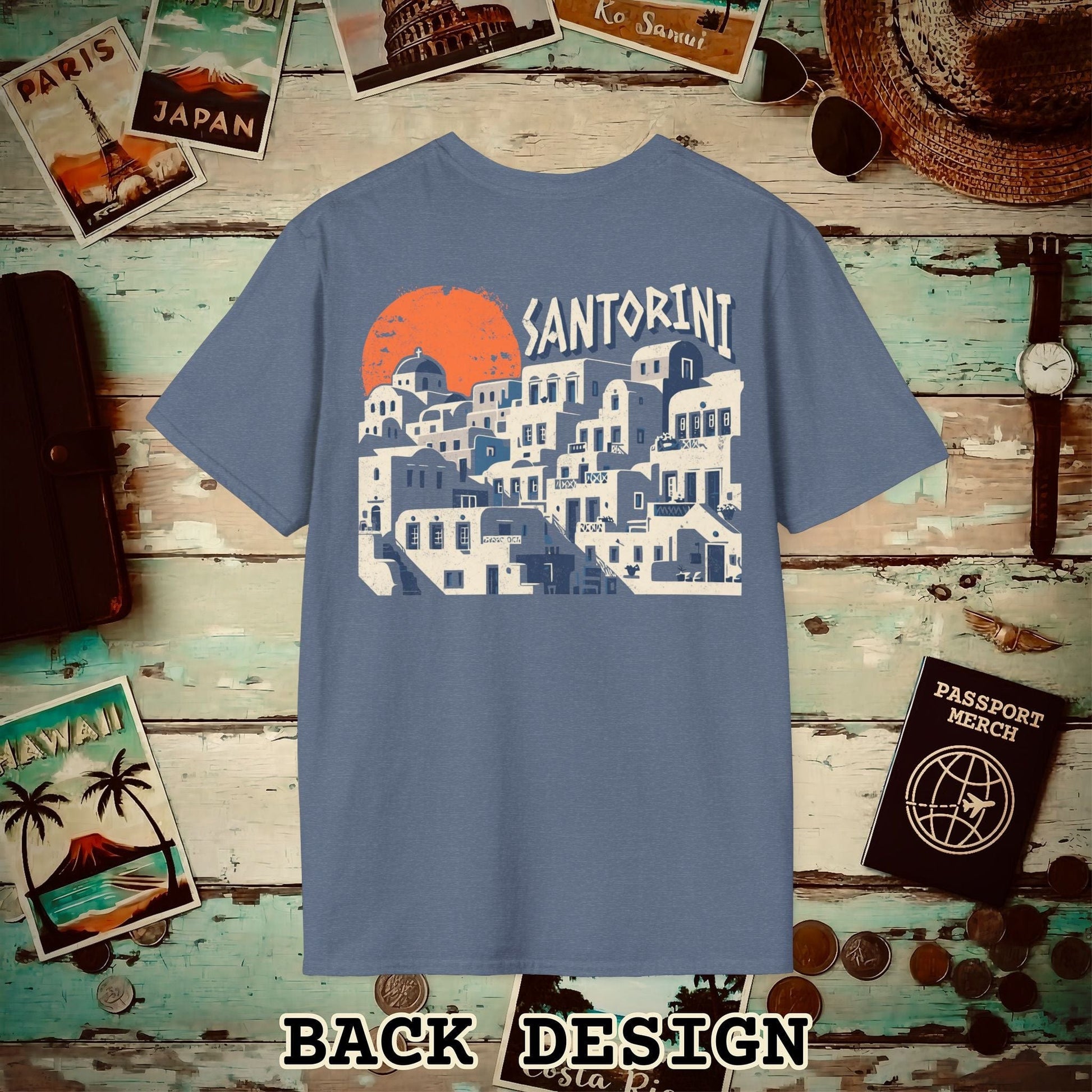 Santorini Shadows, Greece Back Print T-Shirt Heather Indigo / S