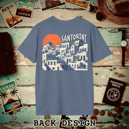 Santorini Shadows, Greece Back Print T-Shirt Heather Indigo / S