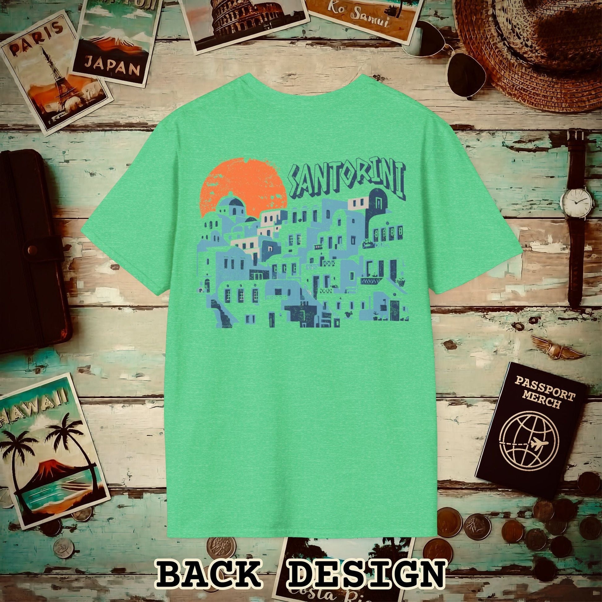 Santorini Shadows, Greece Back Print T-Shirt Heather Irish Green / S