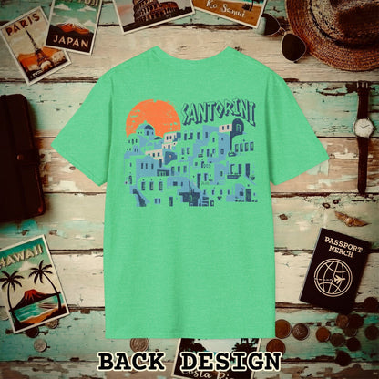 Santorini Shadows, Greece Back Print T-Shirt Heather Irish Green / S