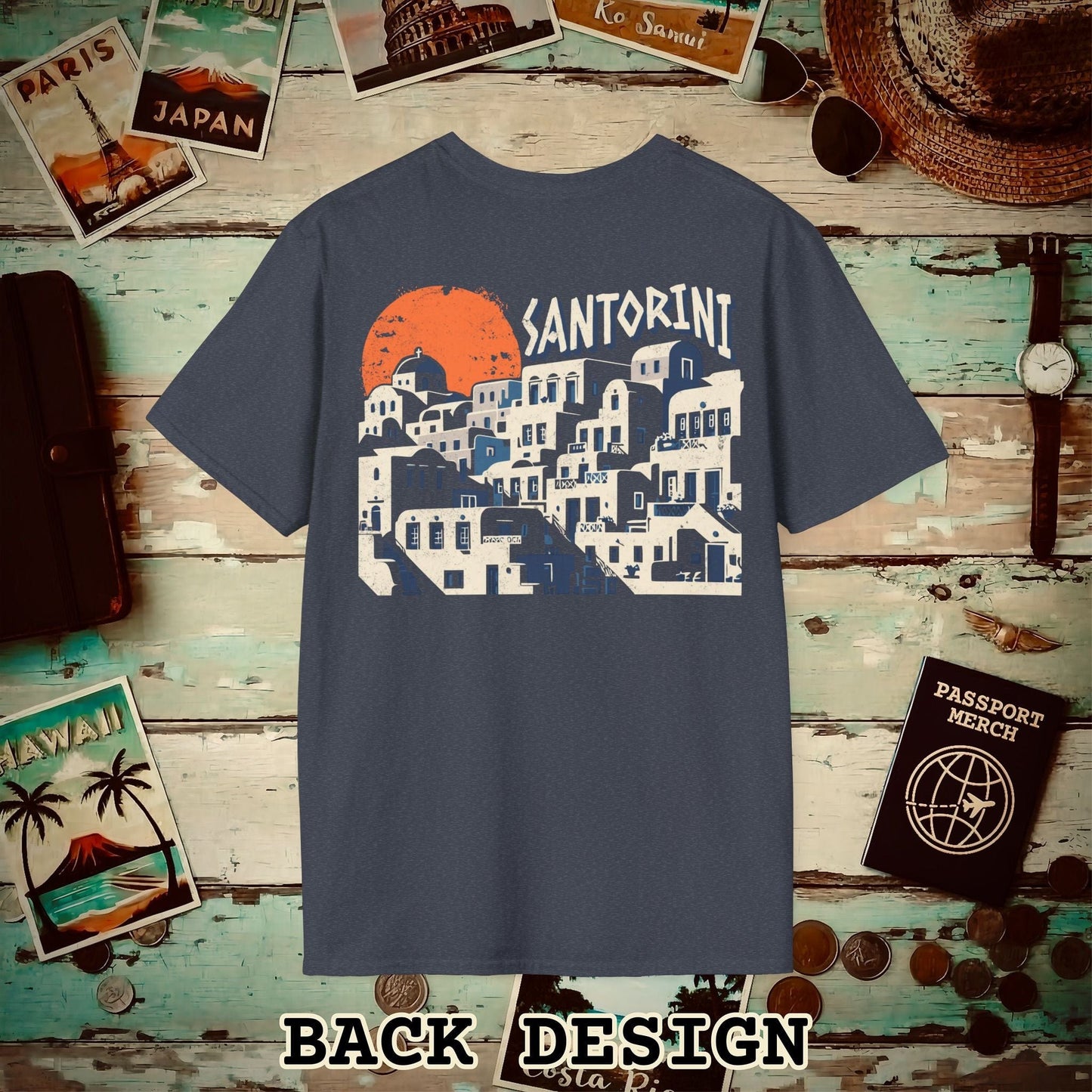 Santorini Shadows, Greece Back Print T-Shirt Heather Navy / S