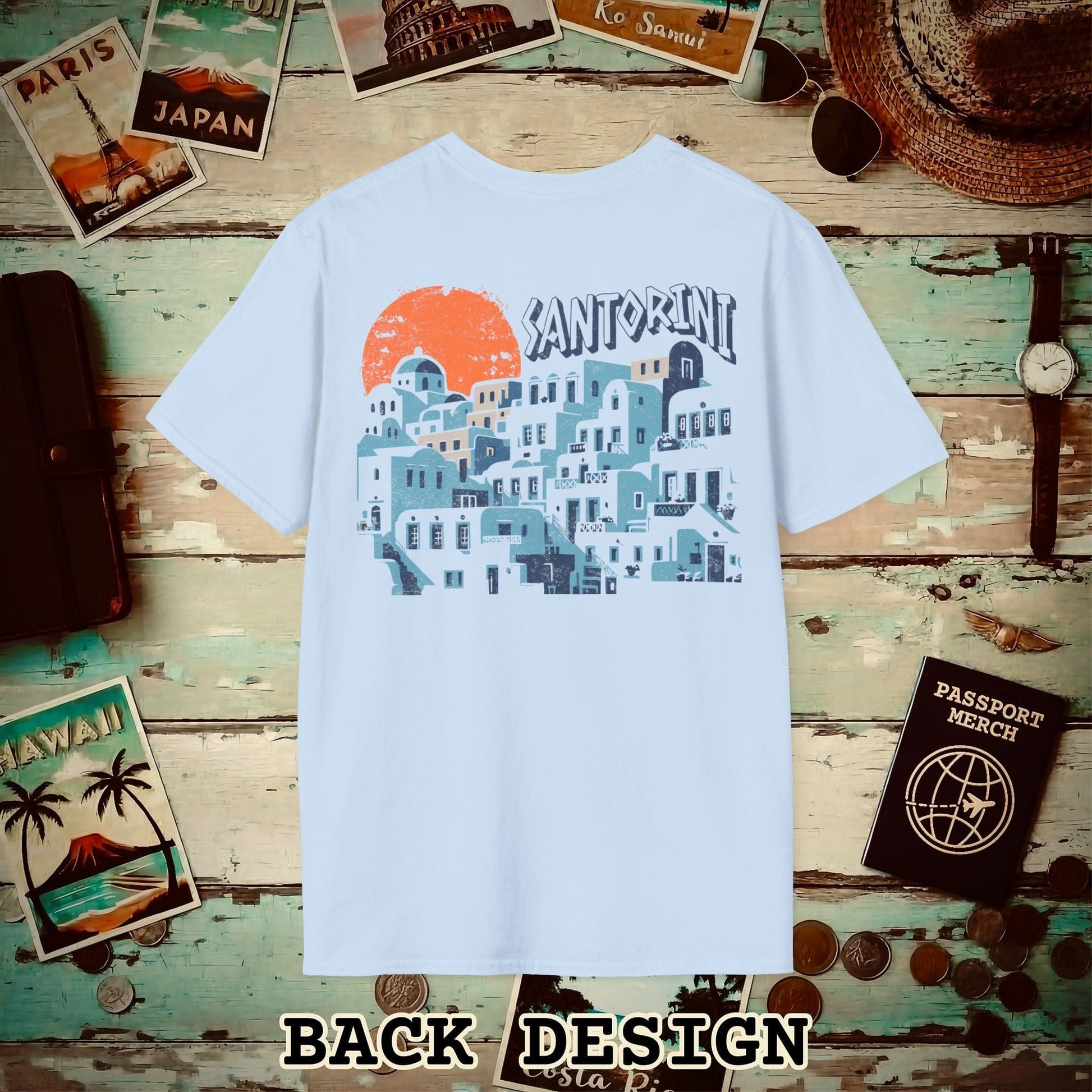 Santorini Shadows, Greece Back Print T-Shirt Light Blue / S