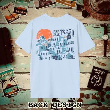 Santorini Shadows, Greece Back Print T-Shirt Light Blue / S
