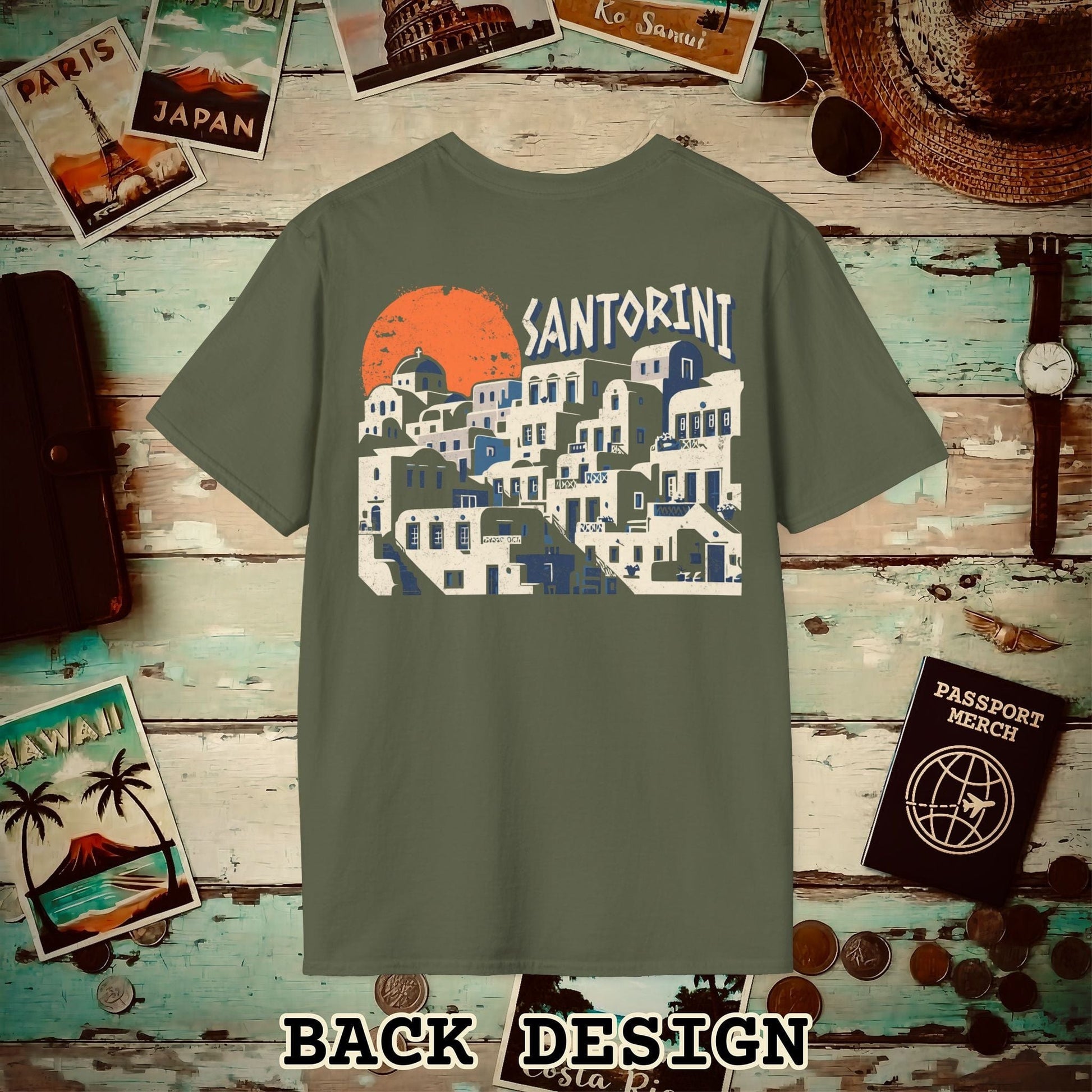 Santorini Shadows, Greece Back Print T-Shirt Military Green / S