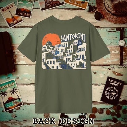 Santorini Shadows, Greece Back Print T-Shirt Military Green / S
