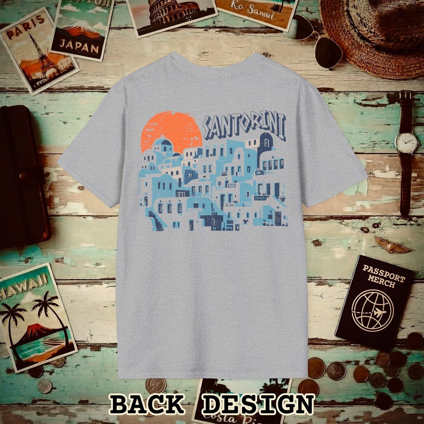 Santorini Shadows, Greece Back Print T-Shirt Sport Grey / S
