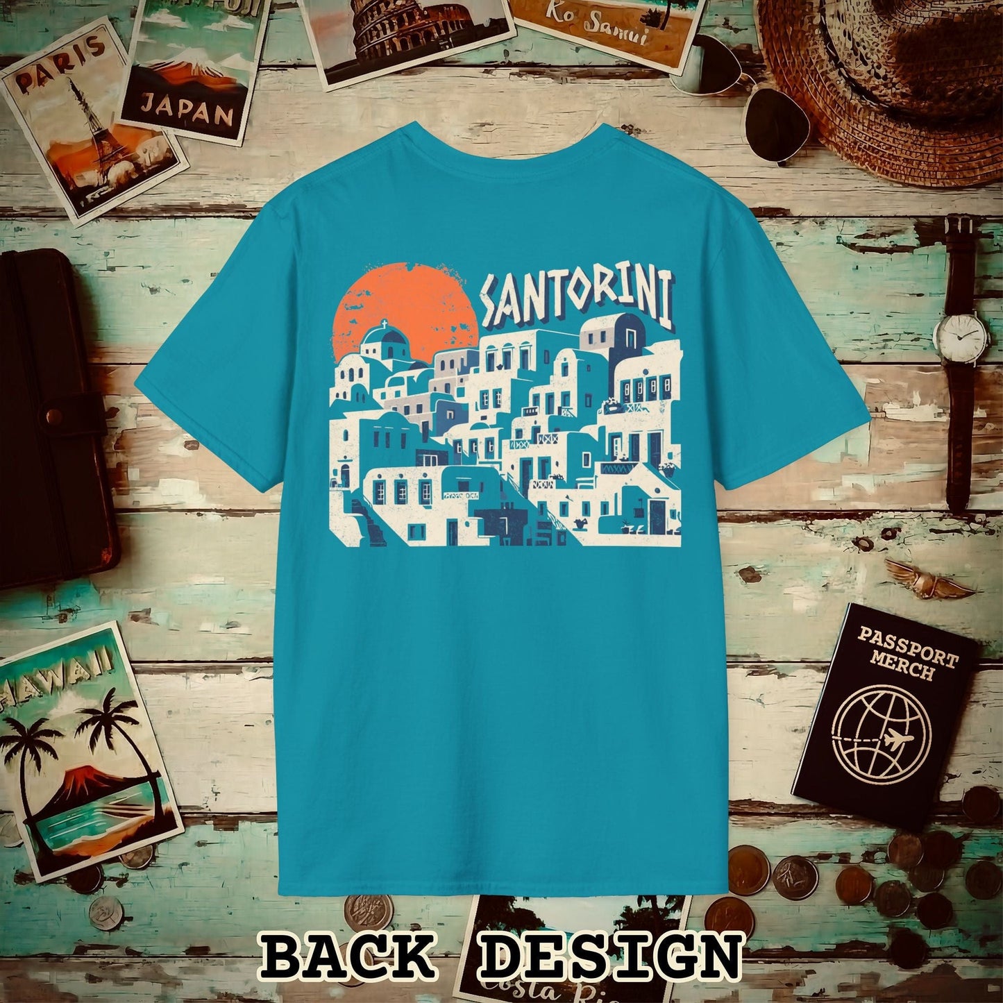 Santorini Shadows, Greece Back Print T-Shirt Tropical Blue / S