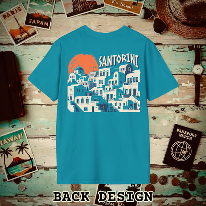 Santorini Shadows, Greece Back Print T-Shirt Tropical Blue / S