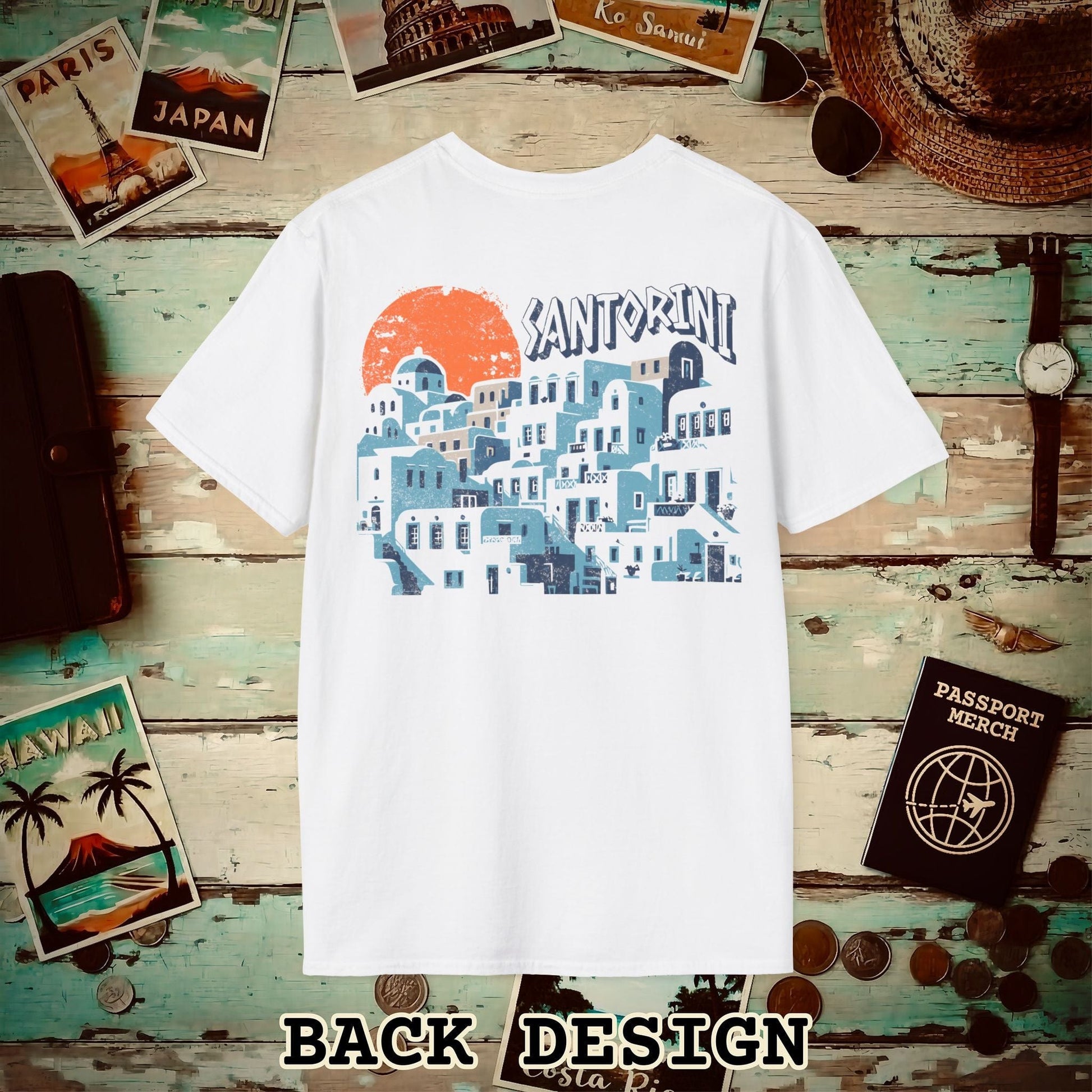Santorini Shadows, Greece Back Print T-Shirt White / S