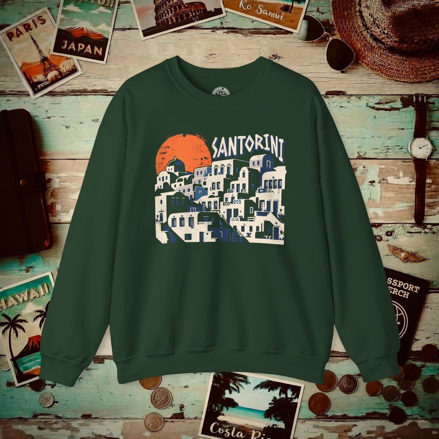 Santorini Shadows, Greece Crewneck Forest Green / S