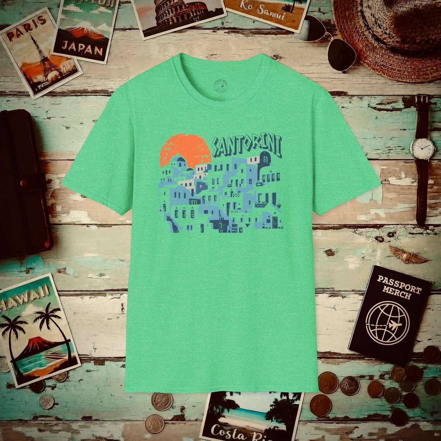 Santorini Shadows, Greece T-Shirt Heather Irish Green / S